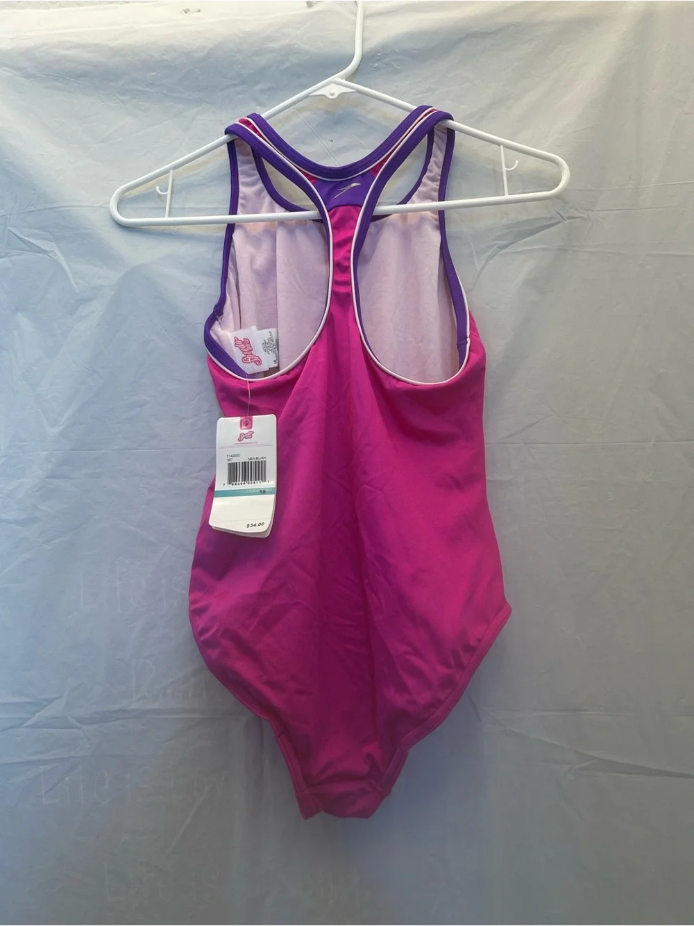 Speedo Girls' New Blush Bright Pink  One-Piece Swimsuit with Purple Trim Sz 16
